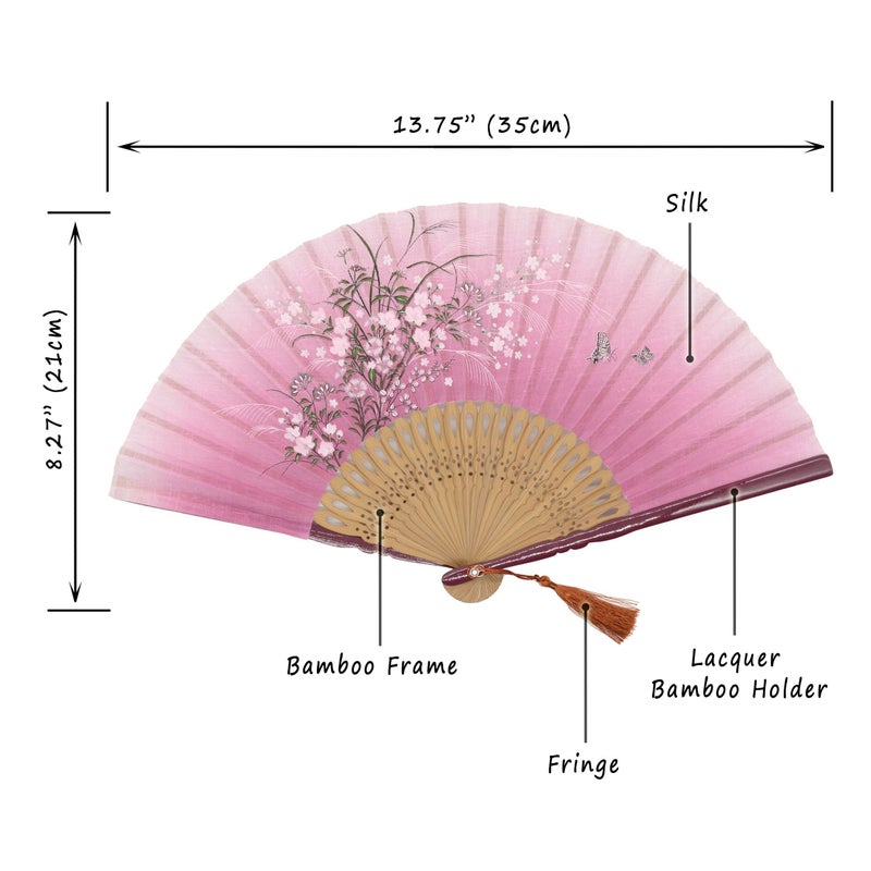 OMyTeaÂ® "Grassflowers 8.27"(21cm) Hand Held Folding Fans - With a Fabric Sleeve for Protection for Gifts - Chinese/Japanese Vintage Retro Style (Red) - Image 2